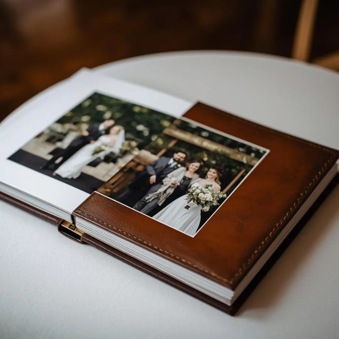 Klassisk bryllupsfotoalbum i skinn